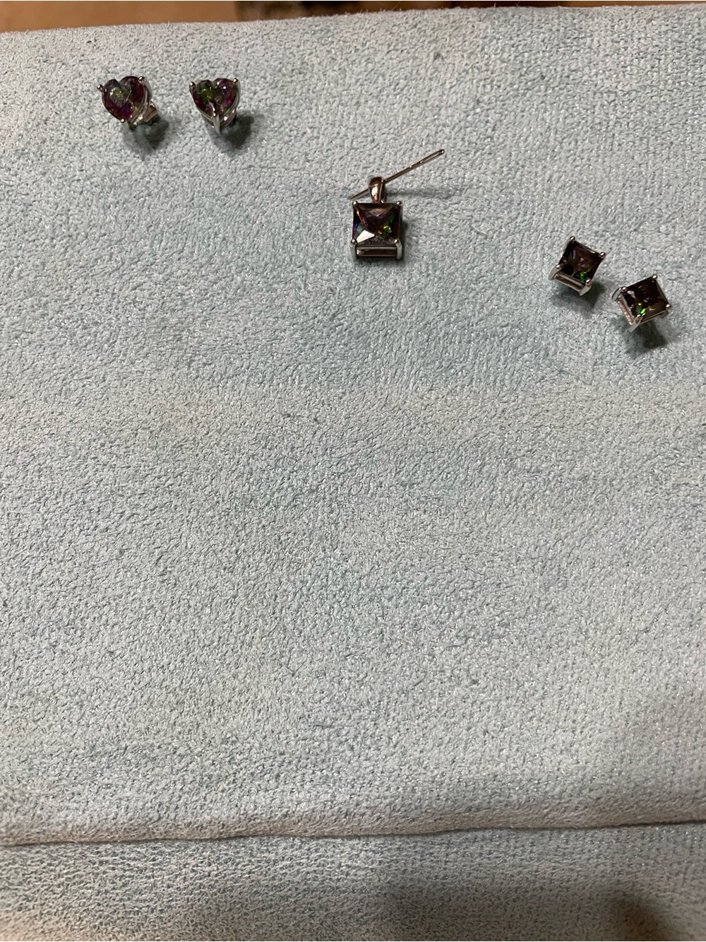 Mystic Purple/Green Heart and Square Stud Earring & Pendant Set